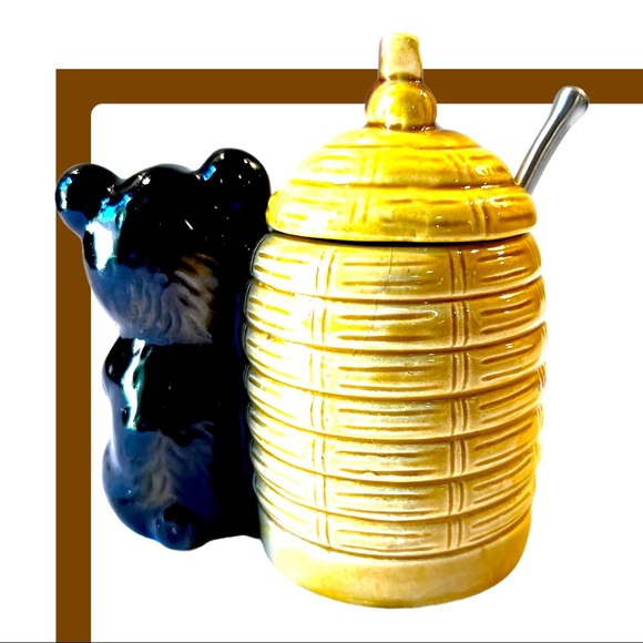 Vintage 1960's Armbee Ceramic Bear Honey Pot With Lid And Spoon Made In Japan - Picture 2 of 2